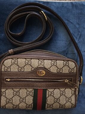 Gucci Brown GG Supreme Crossbody with Green-Red Web Stripe